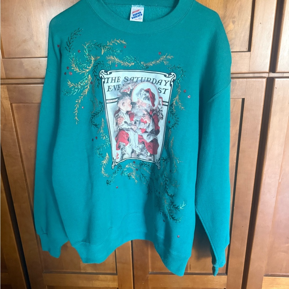 Vintage Green Norman Rockwell Themed Christmas Sweatshirt Large Made in USA